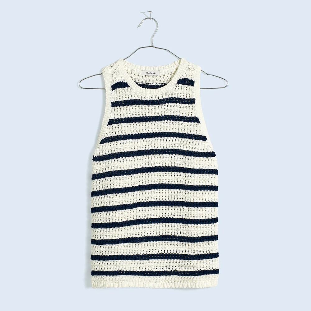 Madewell Crochet Knit Crewneck Sweater Tank Ivory Navy Nautical Small